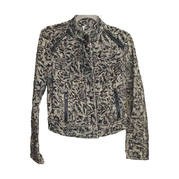 Free People Follow The Flock Moto Jacket Floral Jacquard Black Green Size 4 - Picture 4 of 8